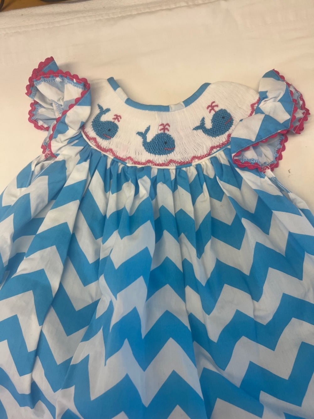 Blue Chevron Smocked Girls Dress with Pink Polka Dot Trim